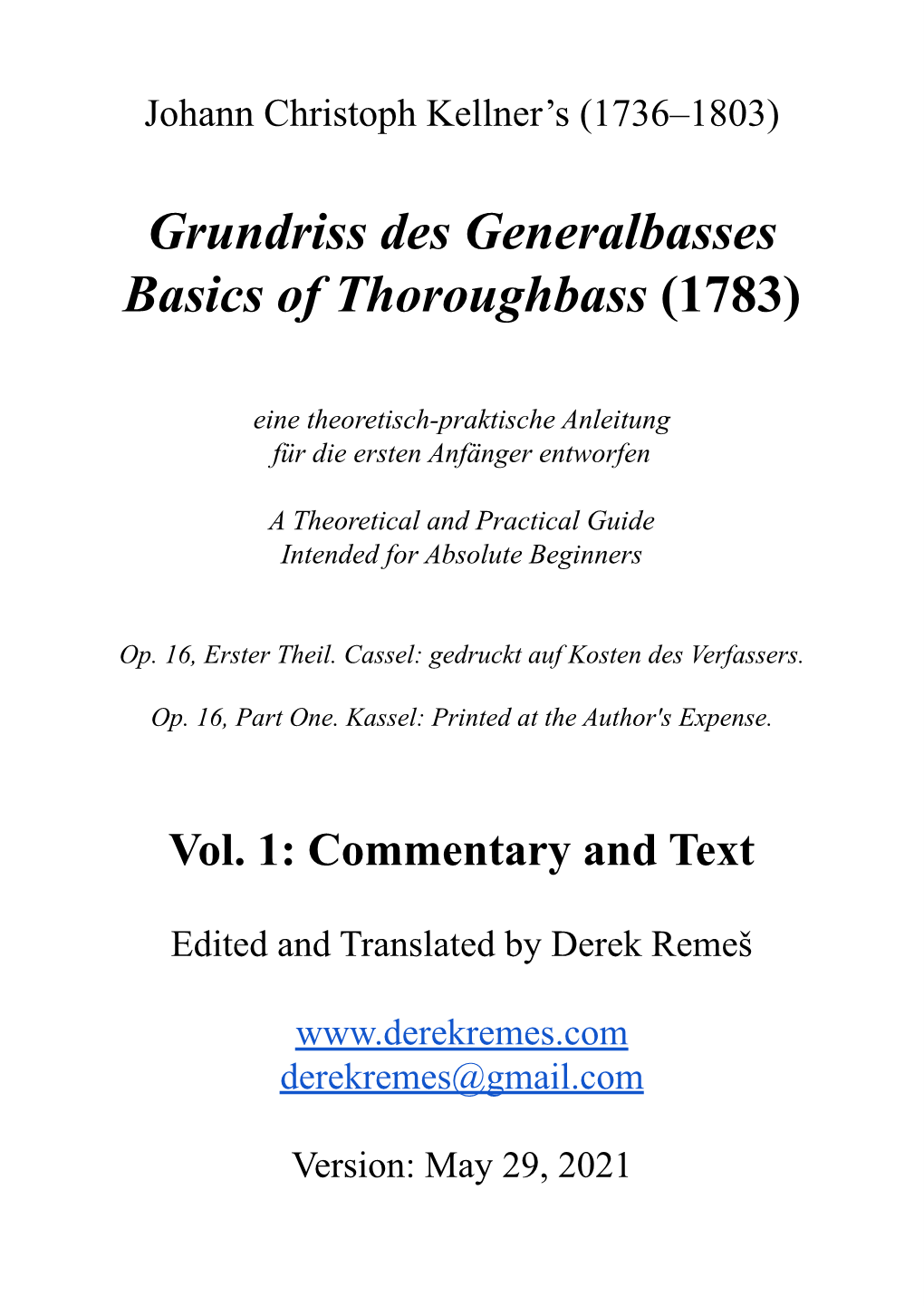 Grundriss Des Generalbasses Basics of Thoroughbass (1783)