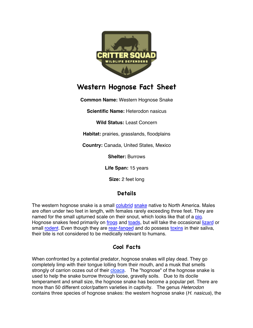 Western Hognose Fact Sheet