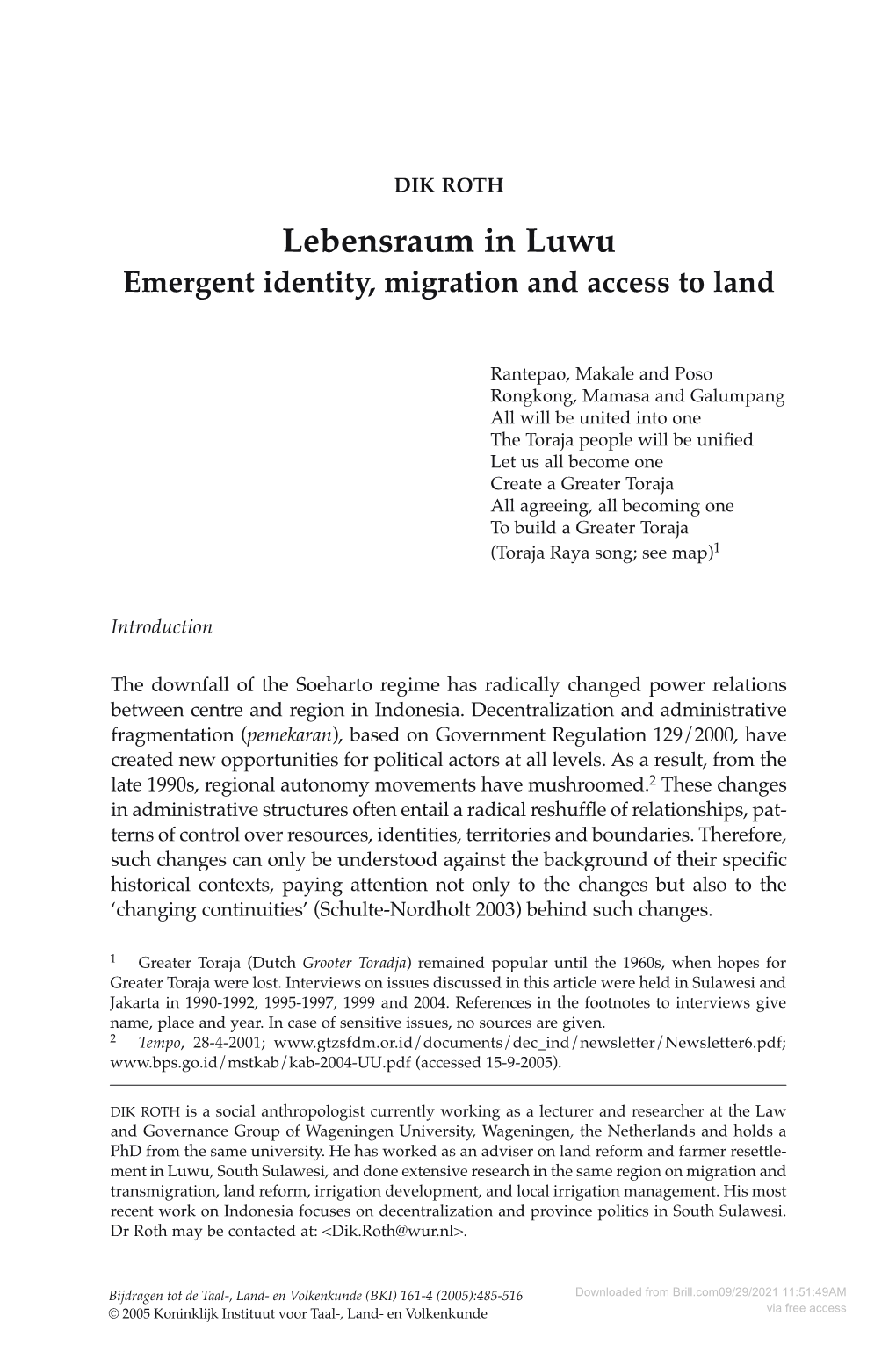 Lebensraum in Luwu Emergent Identity, Migration and Access to Land