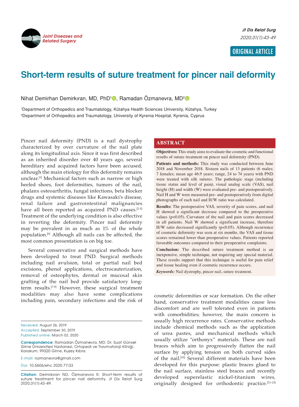 Short-Term Results of Suture Treatment for Pincer Nail Deformity