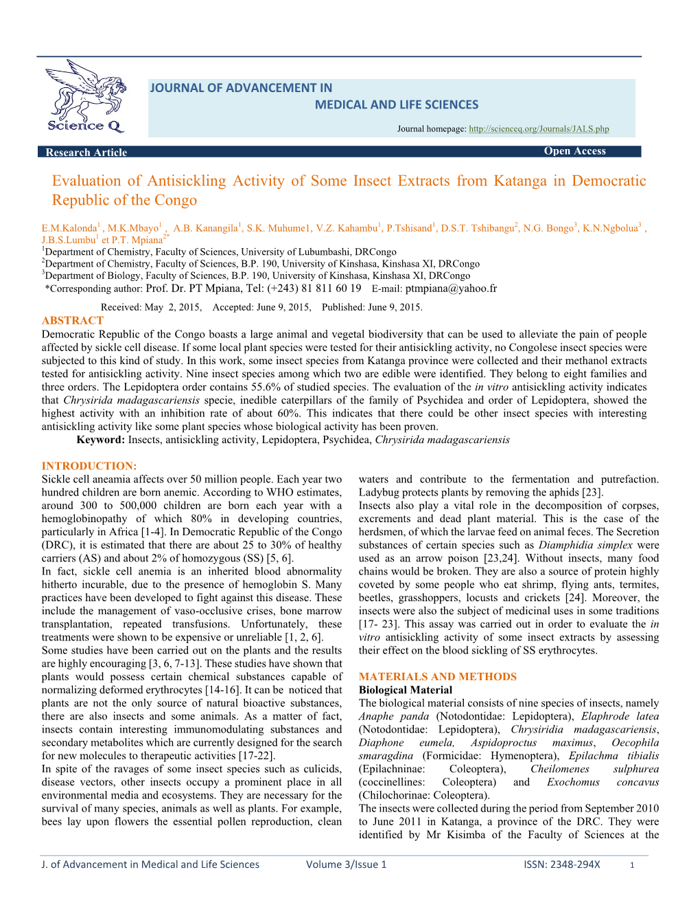 Evaluation of Antisickling Activity of Some Insect Extracts from Katanga in Democratic Republic of the Congo