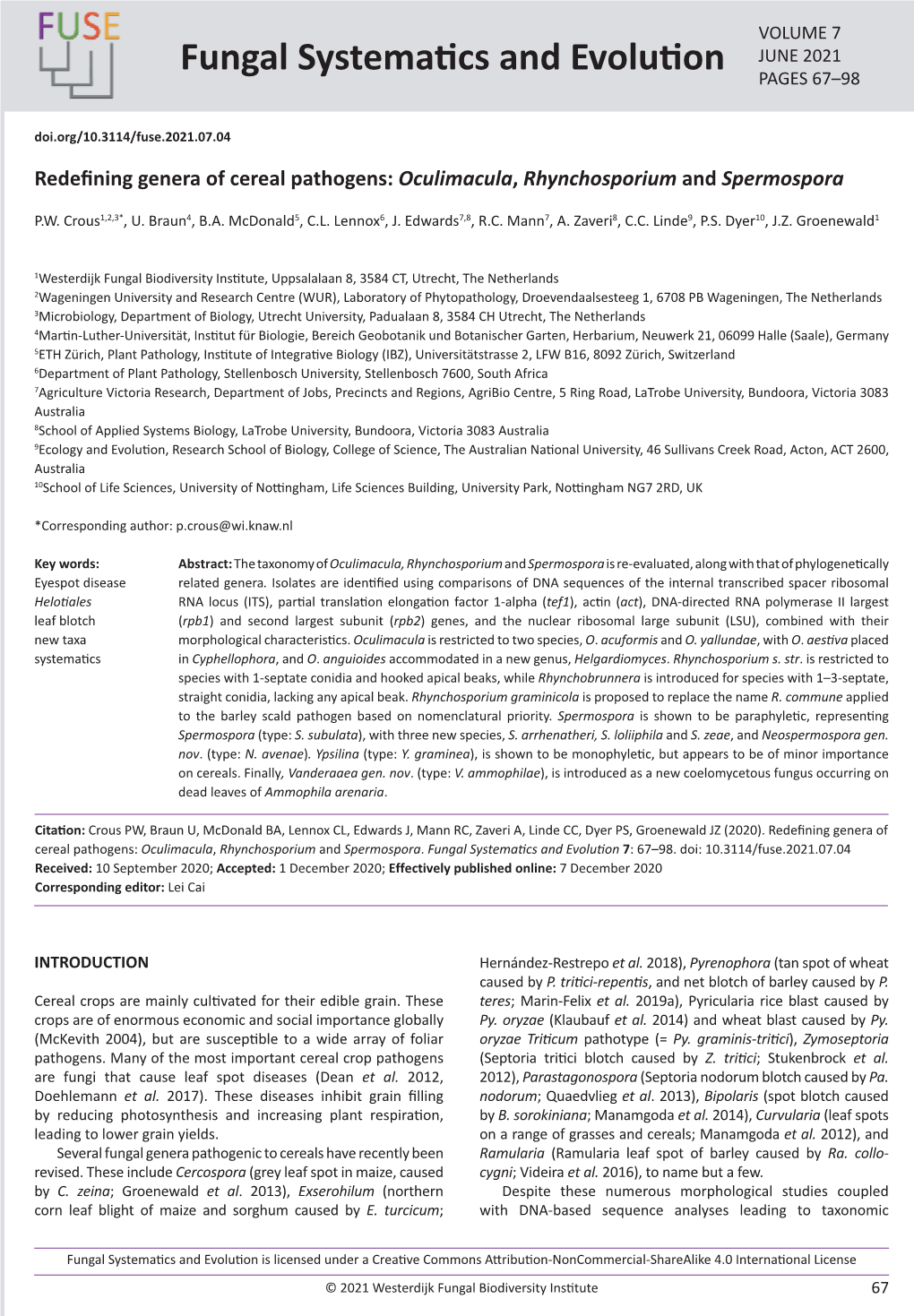 Redefining Genera of Cereal Pathogens: <I