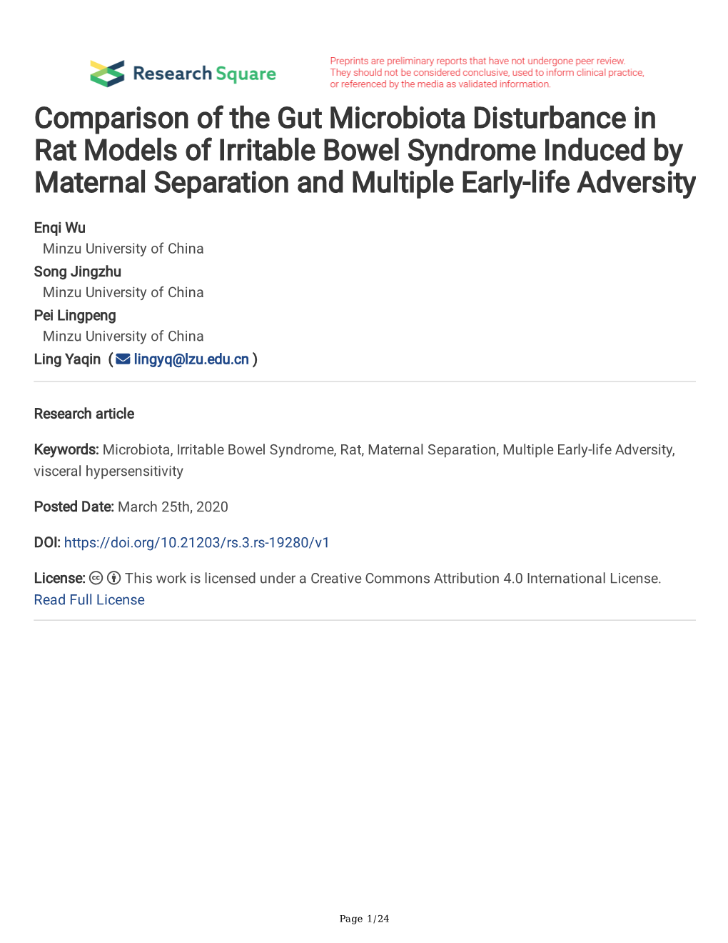 Comparison of the Gut Microbiota Disturbance in Rat Models of Irritable Bowel Syndrome Induced by Maternal Separation and Multiple Early-Life Adversity