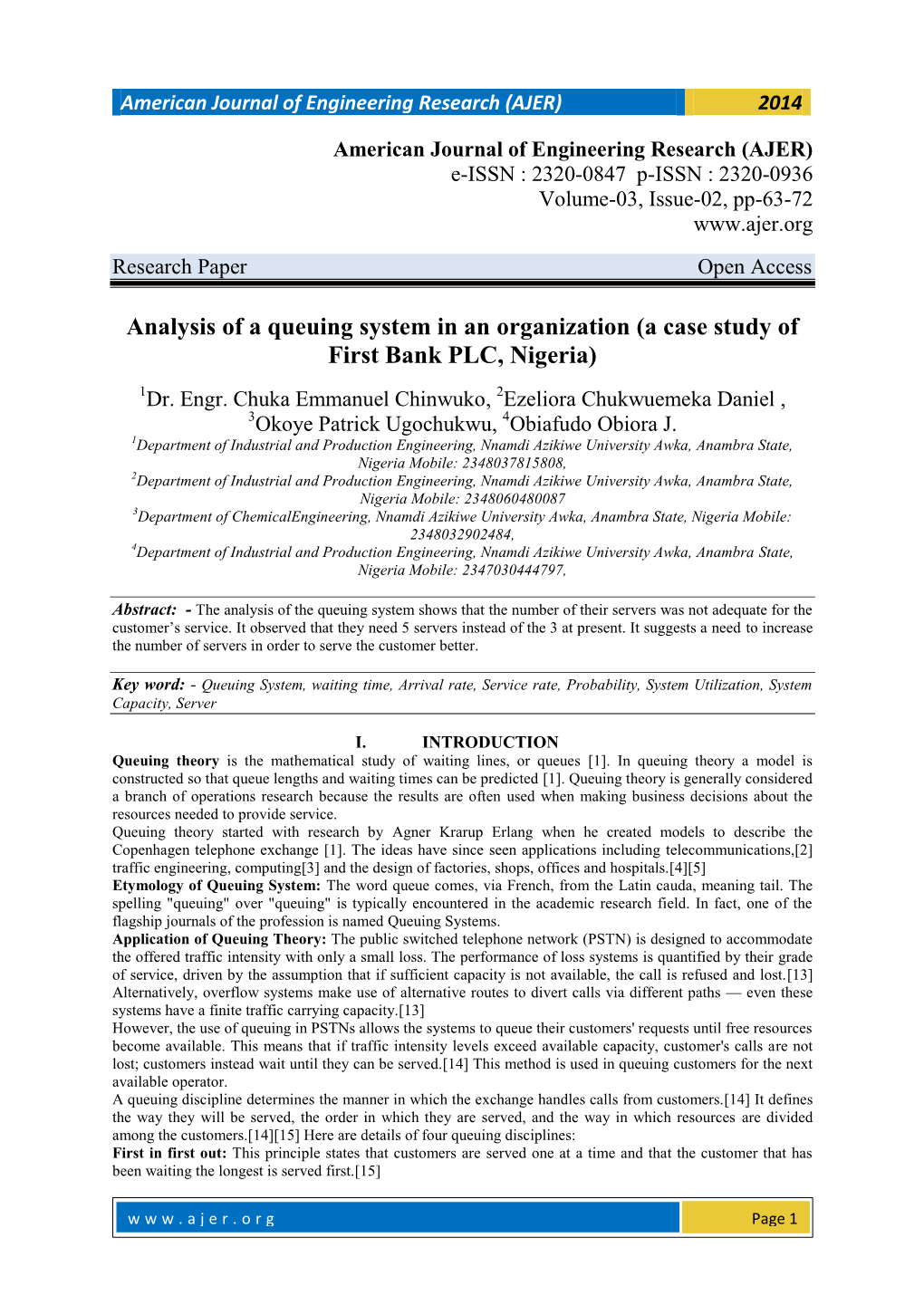 Analysis of a Queuing System in an Organization (A Case Study of First Bank PLC, Nigeria)