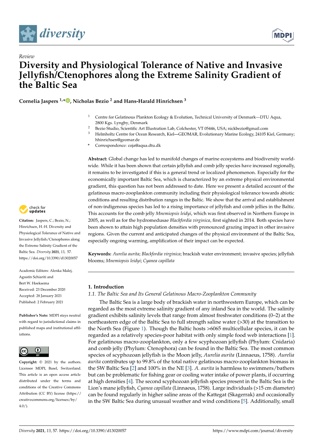 Diversity and Physiological Tolerance of Native and Invasive Jellyfish