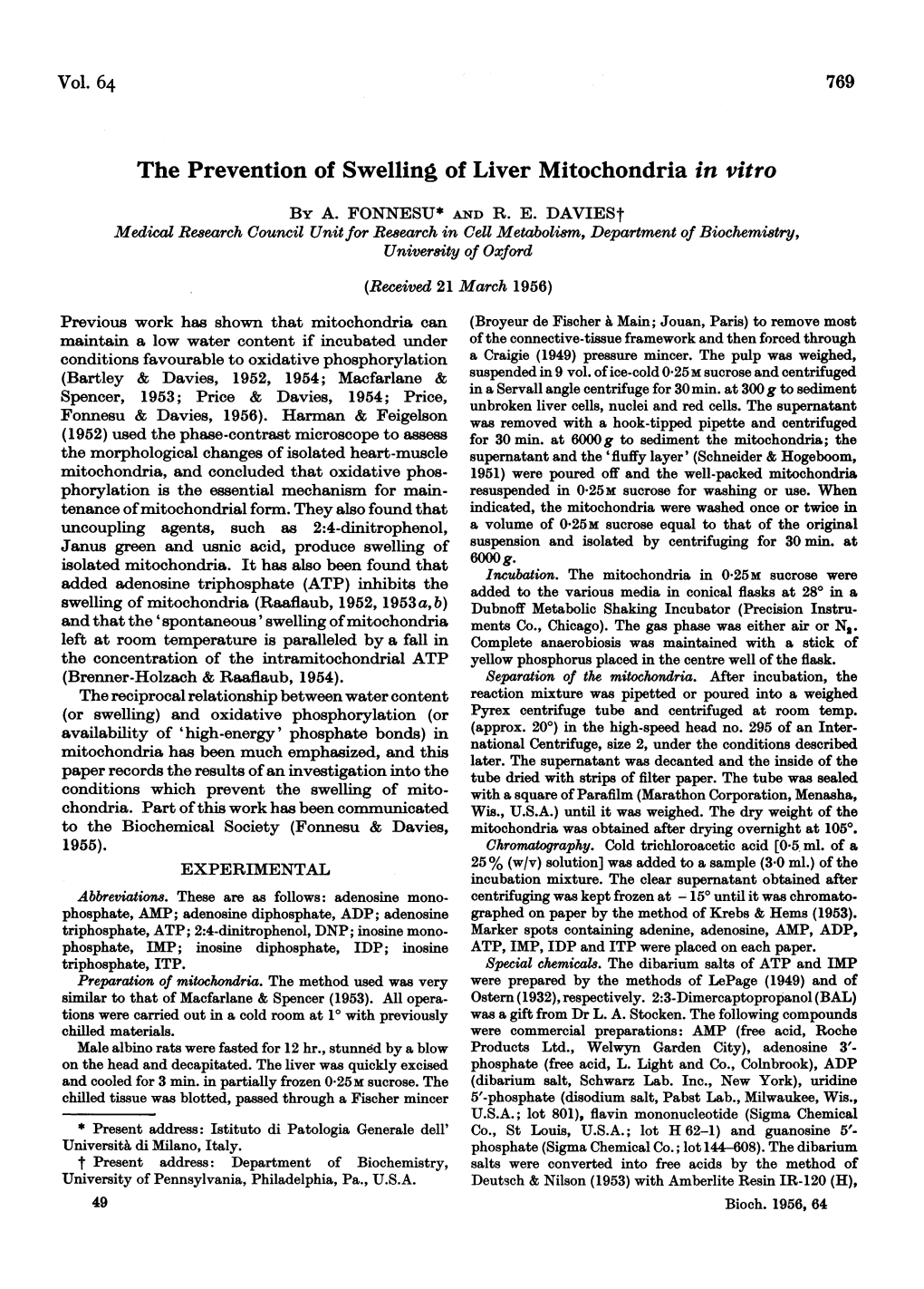 The Prevention of Swelling of Liver Mitochondria in Vitro