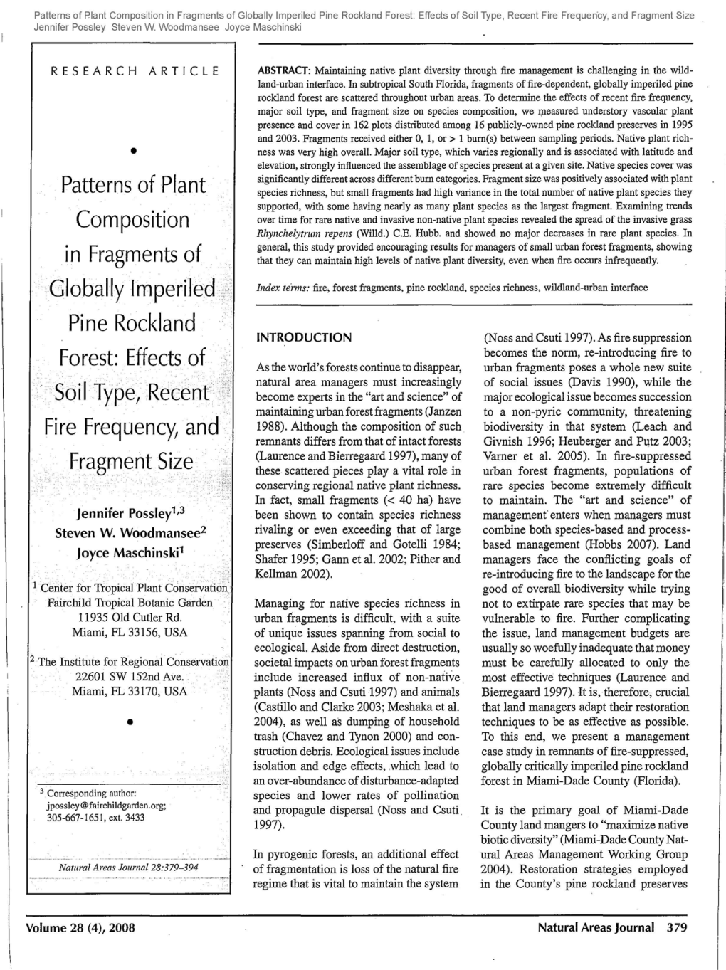 Patterns of Plant Composition in Fragments of Globally Imperiled