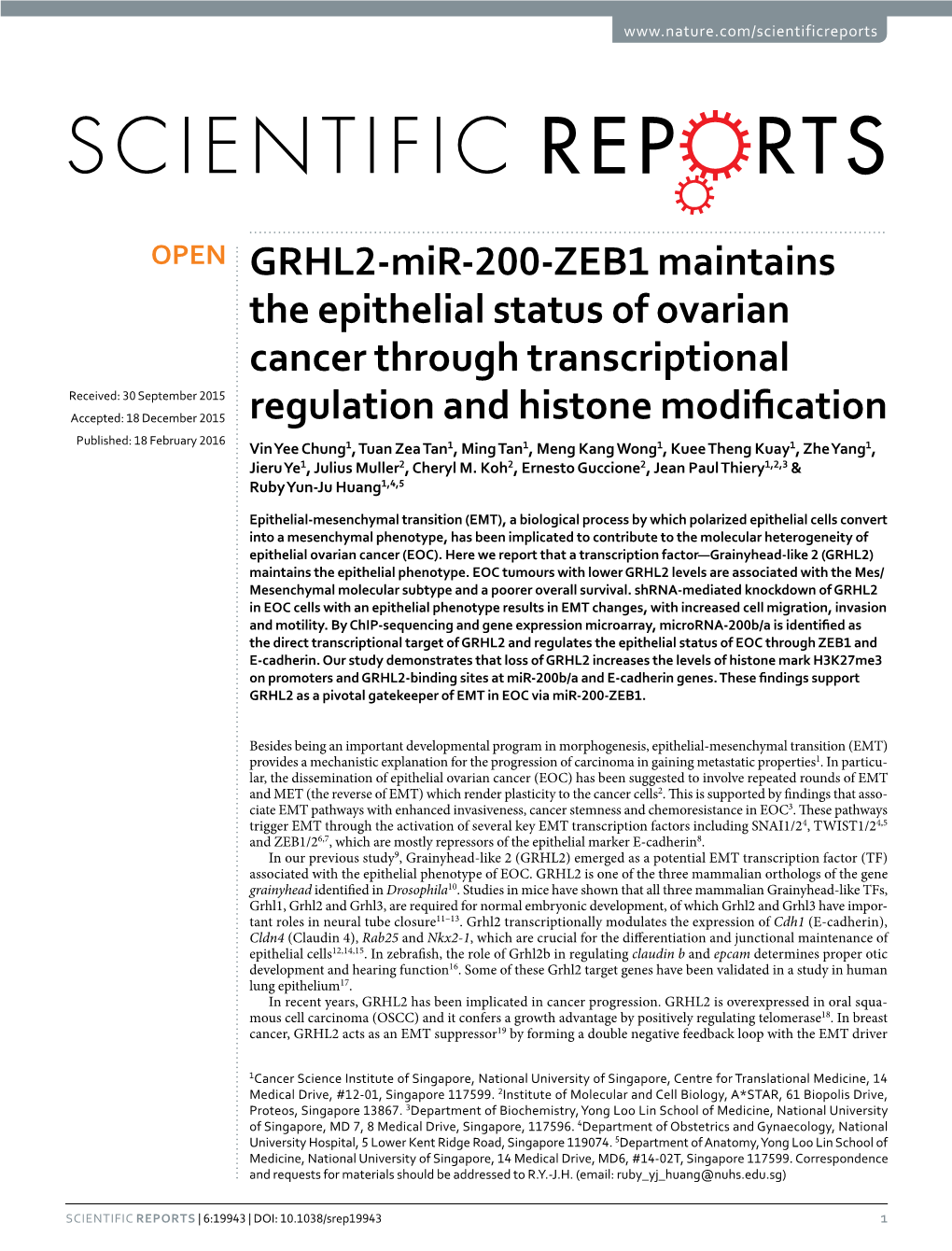 GRHL2-Mir-200-ZEB1 Maintains the Epithelial Status of Ovarian Cancer