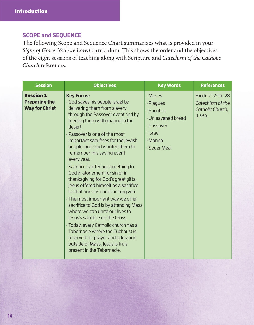 SCOPE and SEQUENCE the Following Scope and Sequence Chart Summarizes What Is Provided in Your Signs of Grace: You Are Loved Curriculum