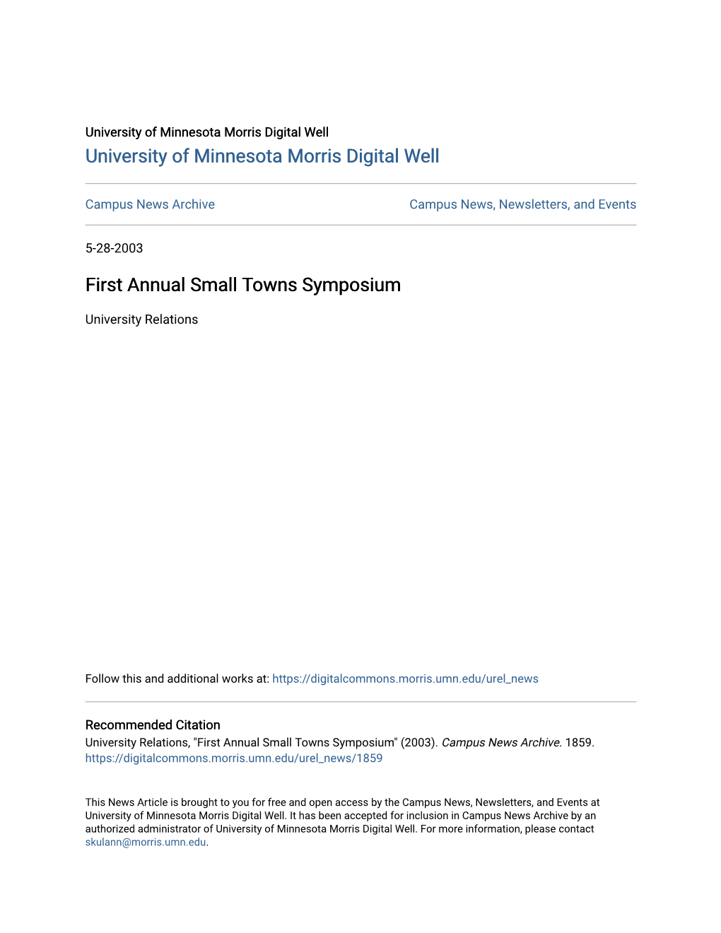 First Annual Small Towns Symposium