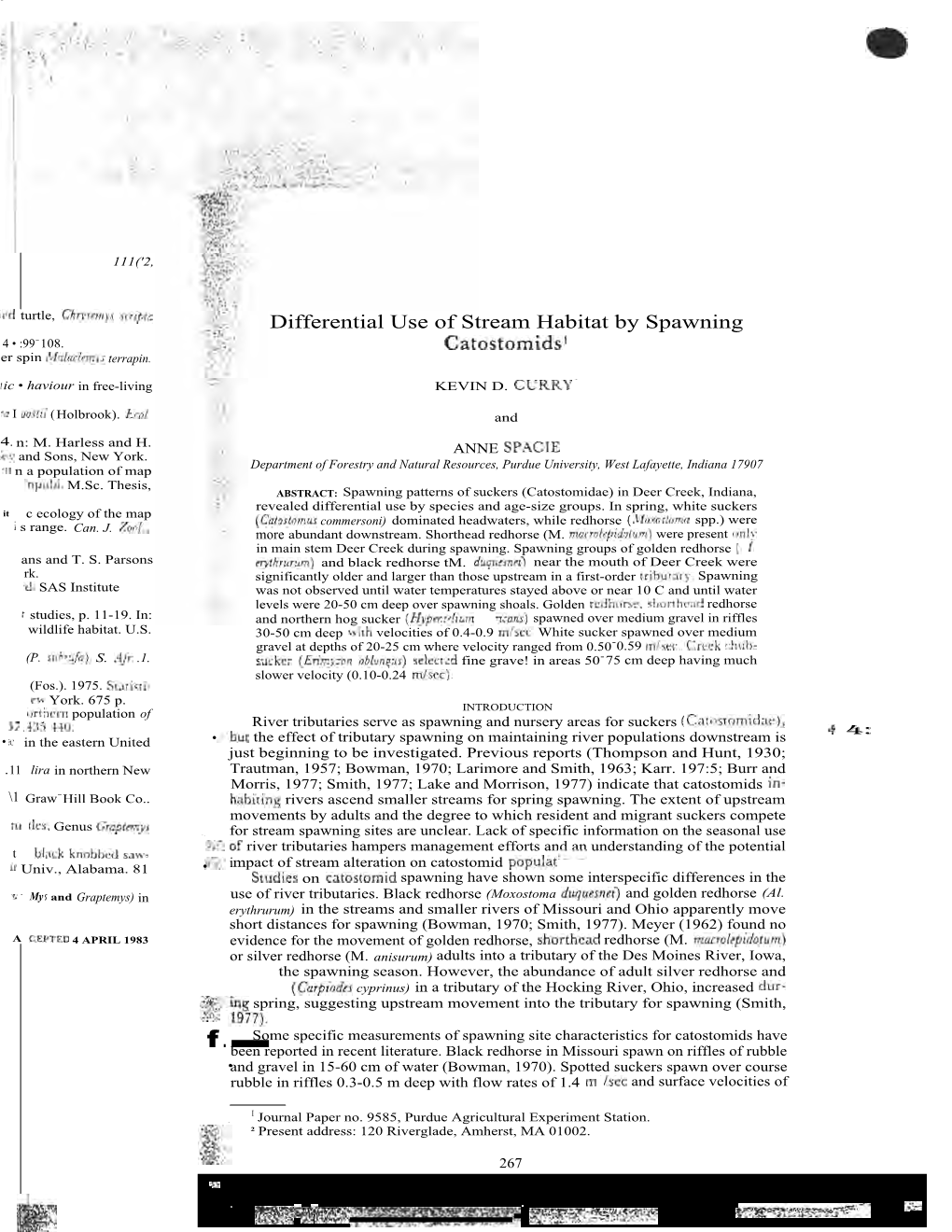 Differential Use of Stream Habitat by Spawning Catostomidsl