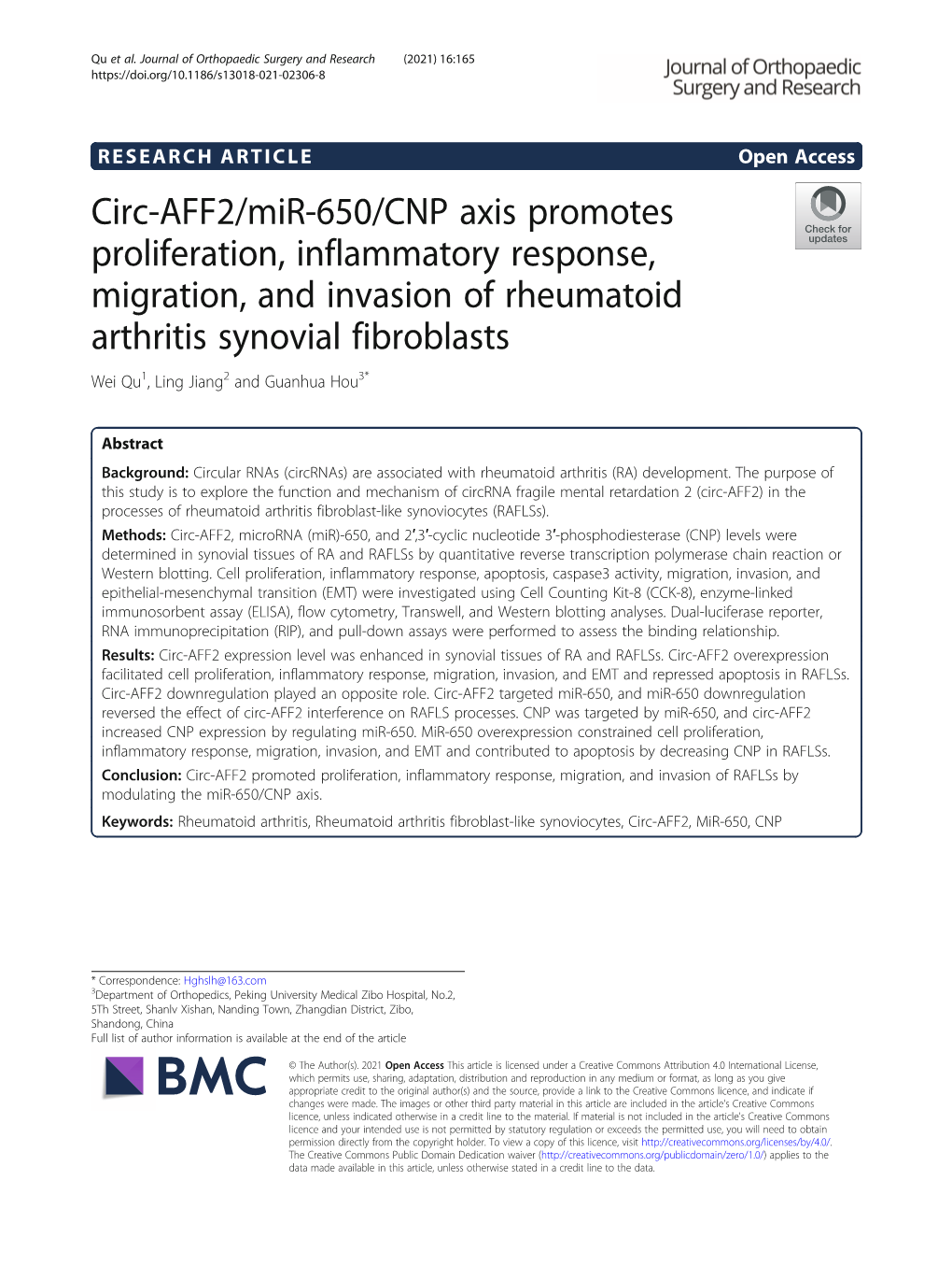 Circ-AFF2/Mir-650/CNP Axis Promotes Proliferation, Inflammatory