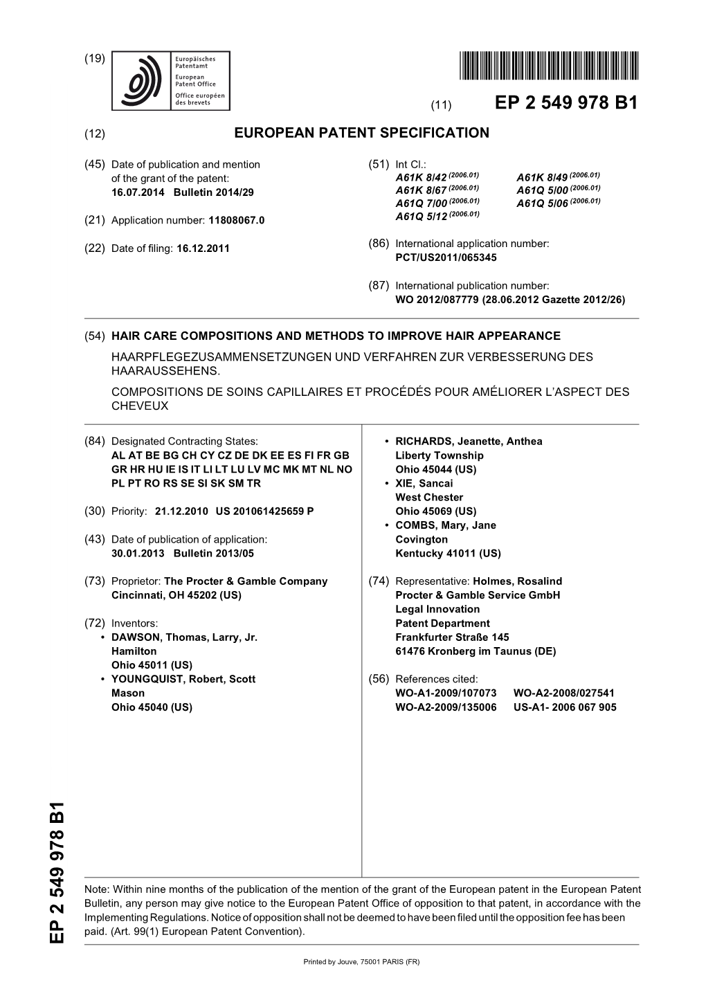 Hair Care Compositions and Methods to Improve Hair Appearance Haarpflegezusammensetzungen Und Verfahren Zur Verbesserung Des Haaraussehens