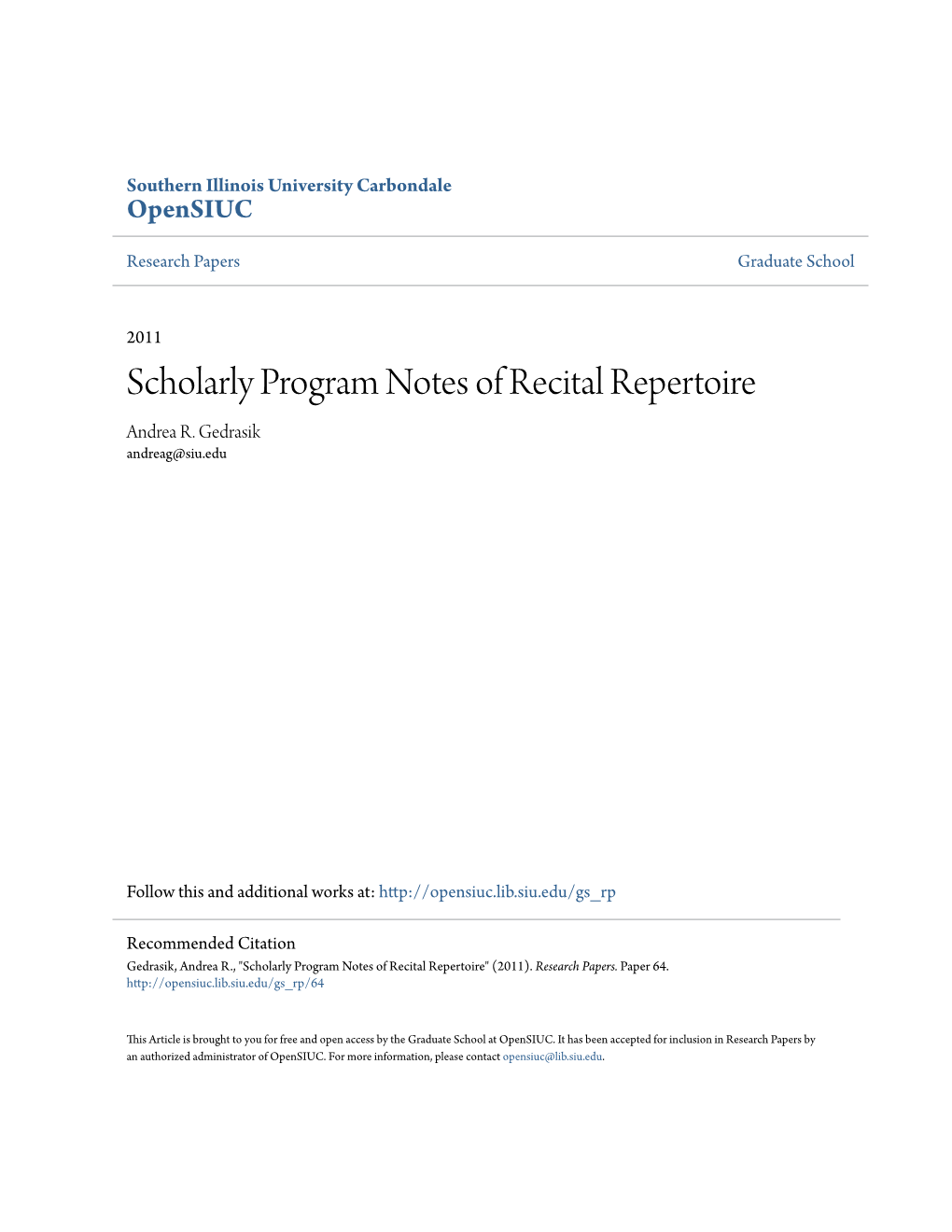 Scholarly Program Notes of Recital Repertoire Andrea R