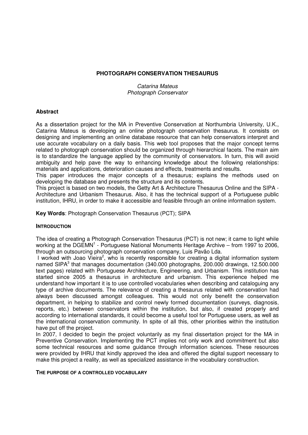 PHOTOGRAPH CONSERVATION THESAURUS Catarina Mateus