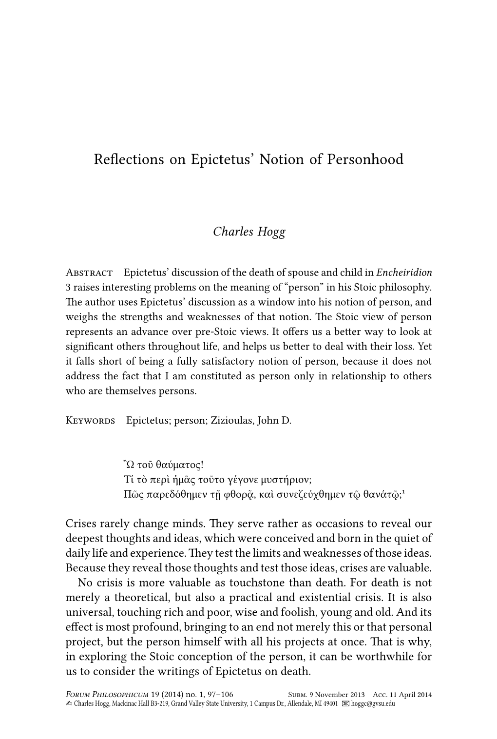 Reflections on Epictetus' Notion of Personhood