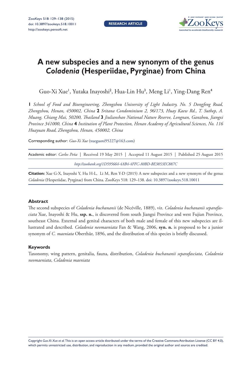 ﻿A New Subspecies and a New Synonym of the Genus Coladenia (Hesperiidae, Pyrginae) from China