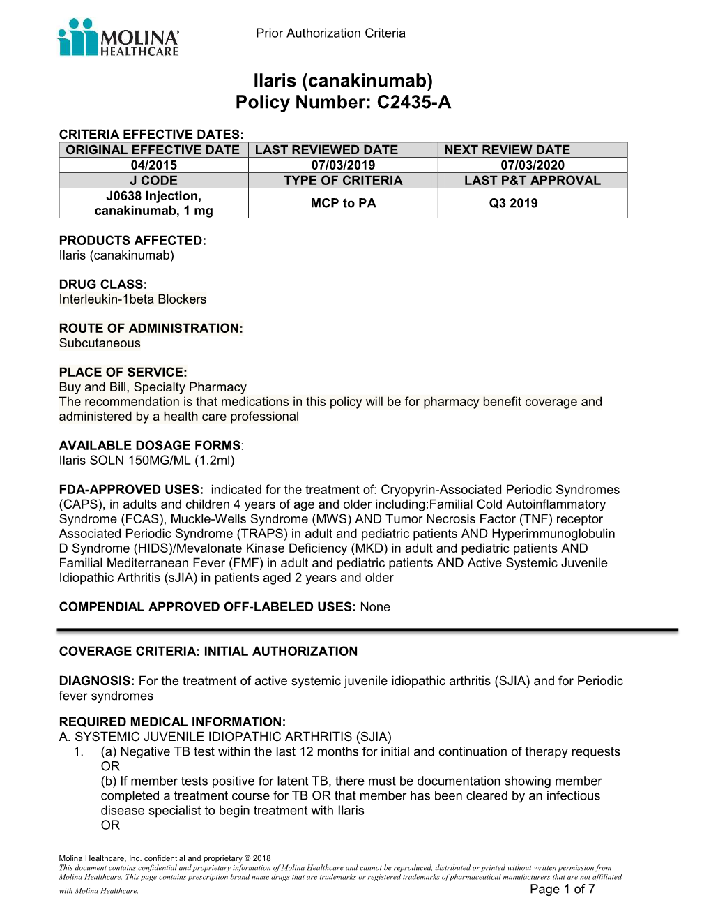 Ilaris (Canakinumab) Policy Number: C2435-A