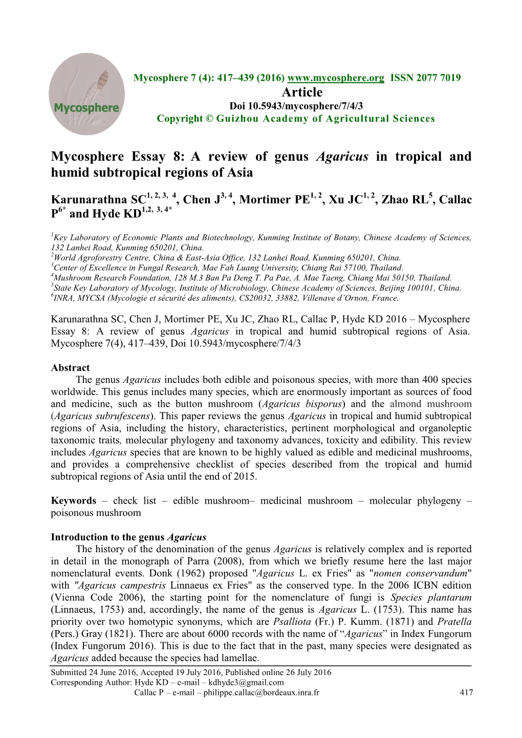 Mycosphere Essay 8: a Review of Genus Agaricus in Tropical and Humid Subtropical Regions of Asia