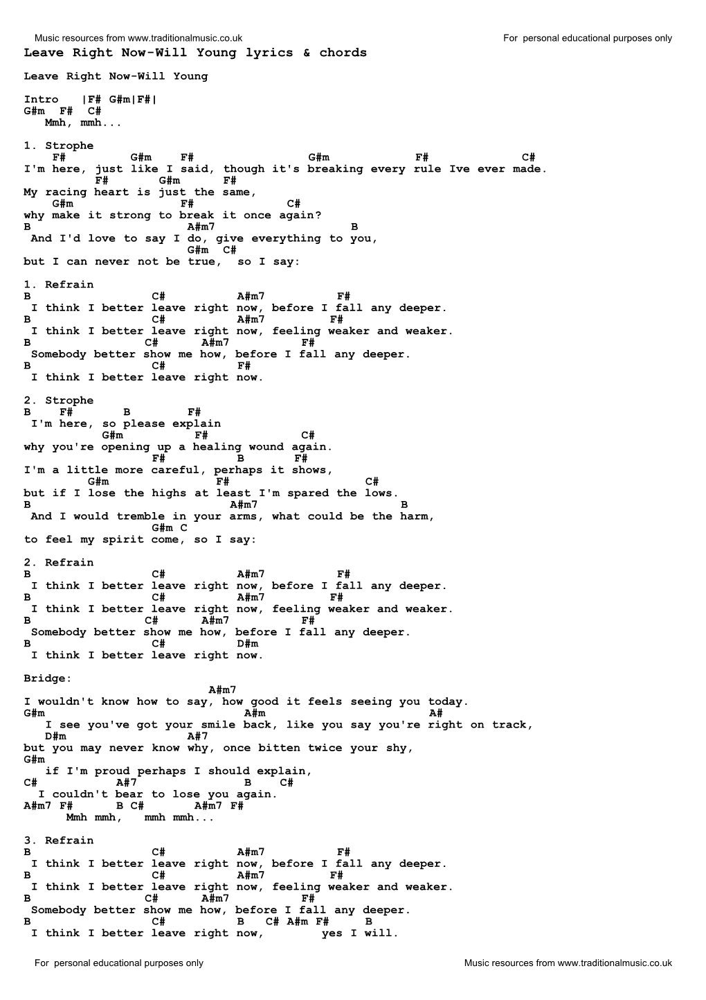 Leave Right Now-Will Young Lyrics & Chords