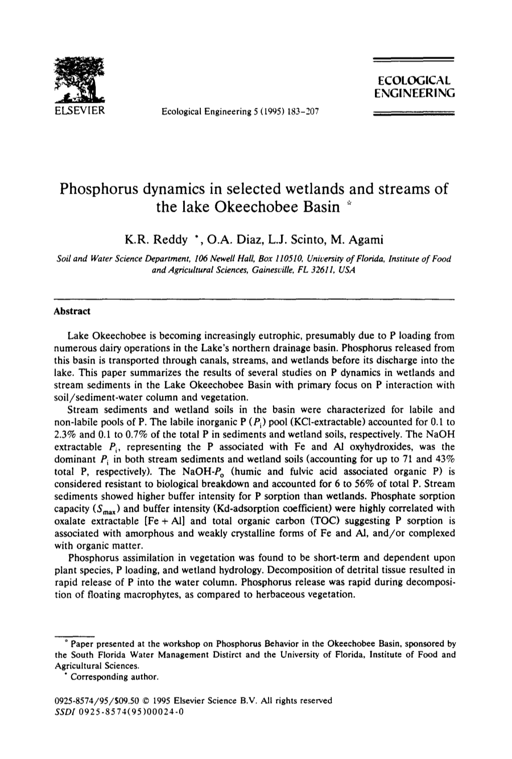 Phosphorus Dynamics in Selected Wetlands and Streams of the Lake Okeechobee Basin *