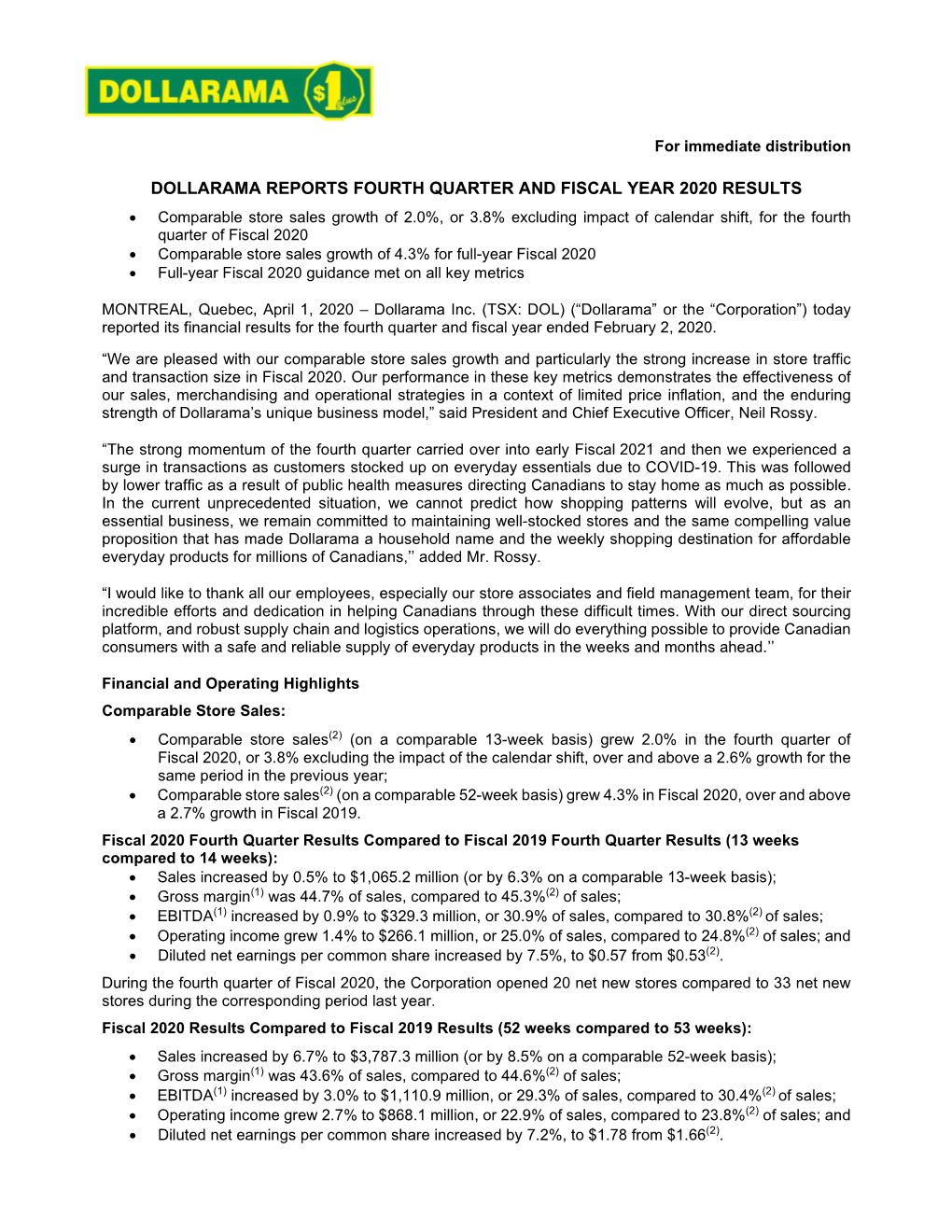 Dollarama Reports Fourth Quarter and Fiscal Year 2020 Results