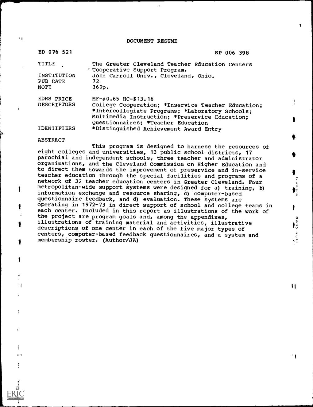 DOCUMENT RESUME SP 006 398 TITLE the Greater Cleveland