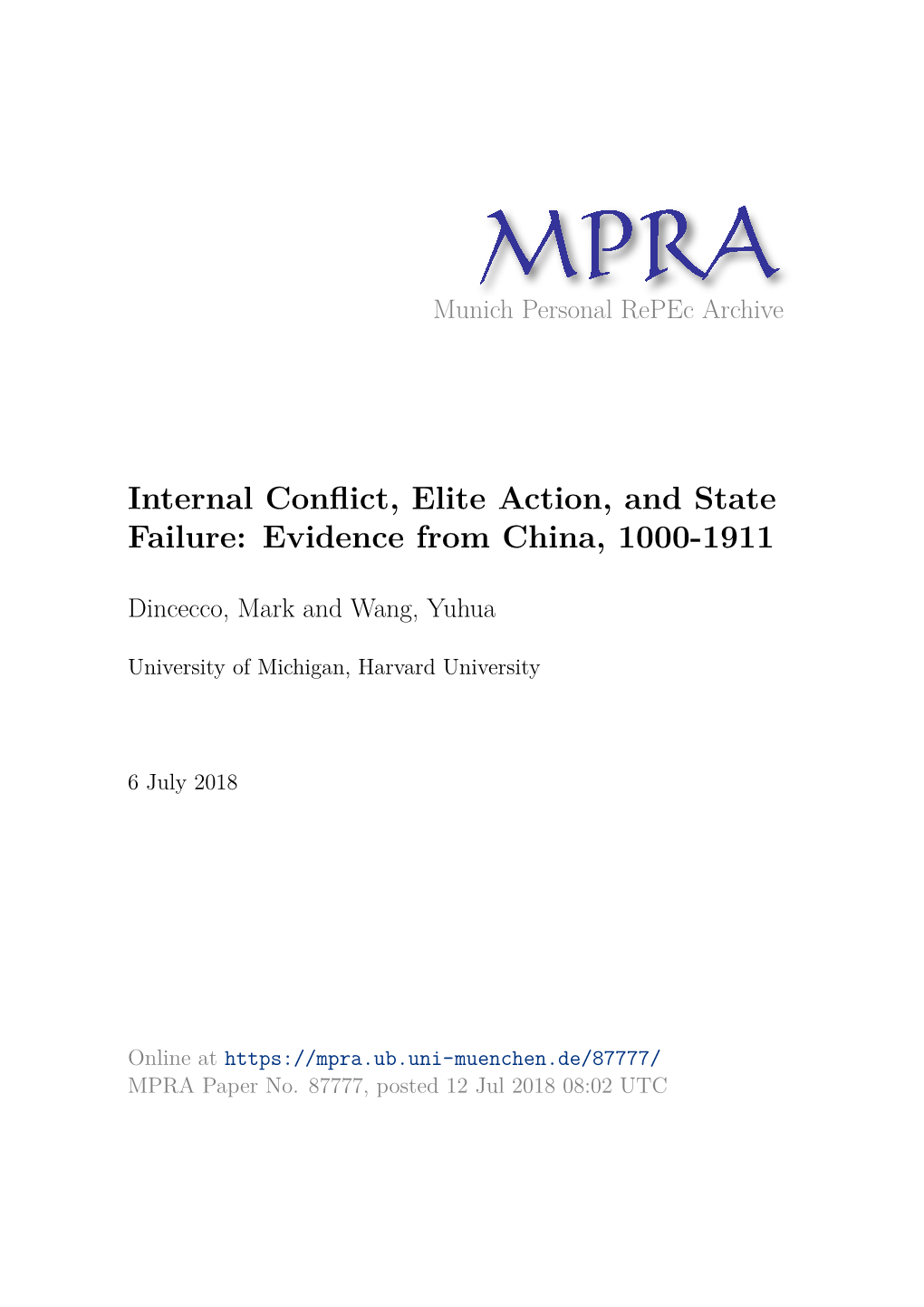 Internal Conflict, Elite Action, and State Failure: Evidence from China, 1000-1911