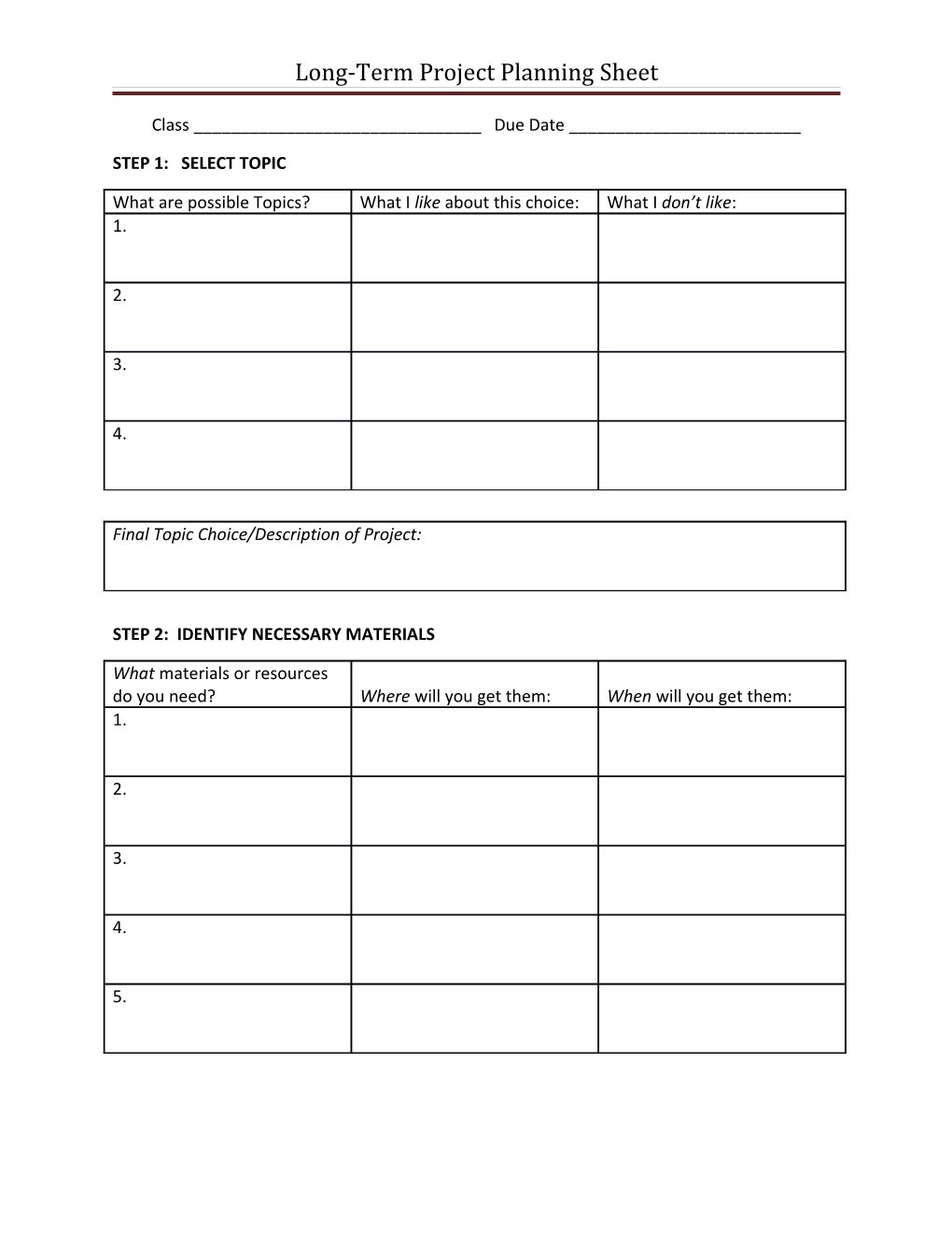 Long-Term Project Planning Sheet