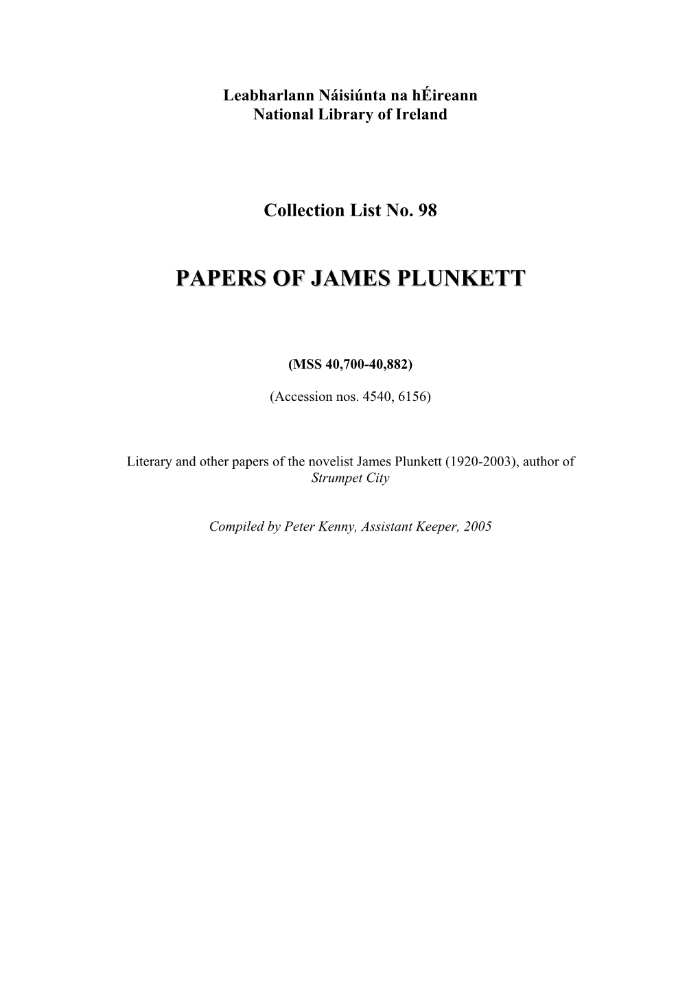 Papers of James Plunkett