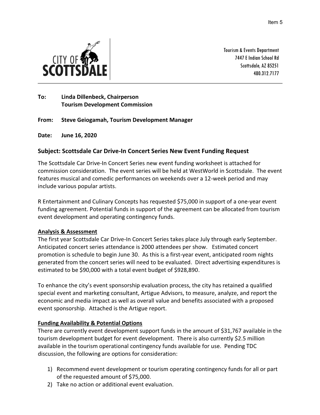 Scottsdale Car Drive-In Concert Series New Event Funding Request