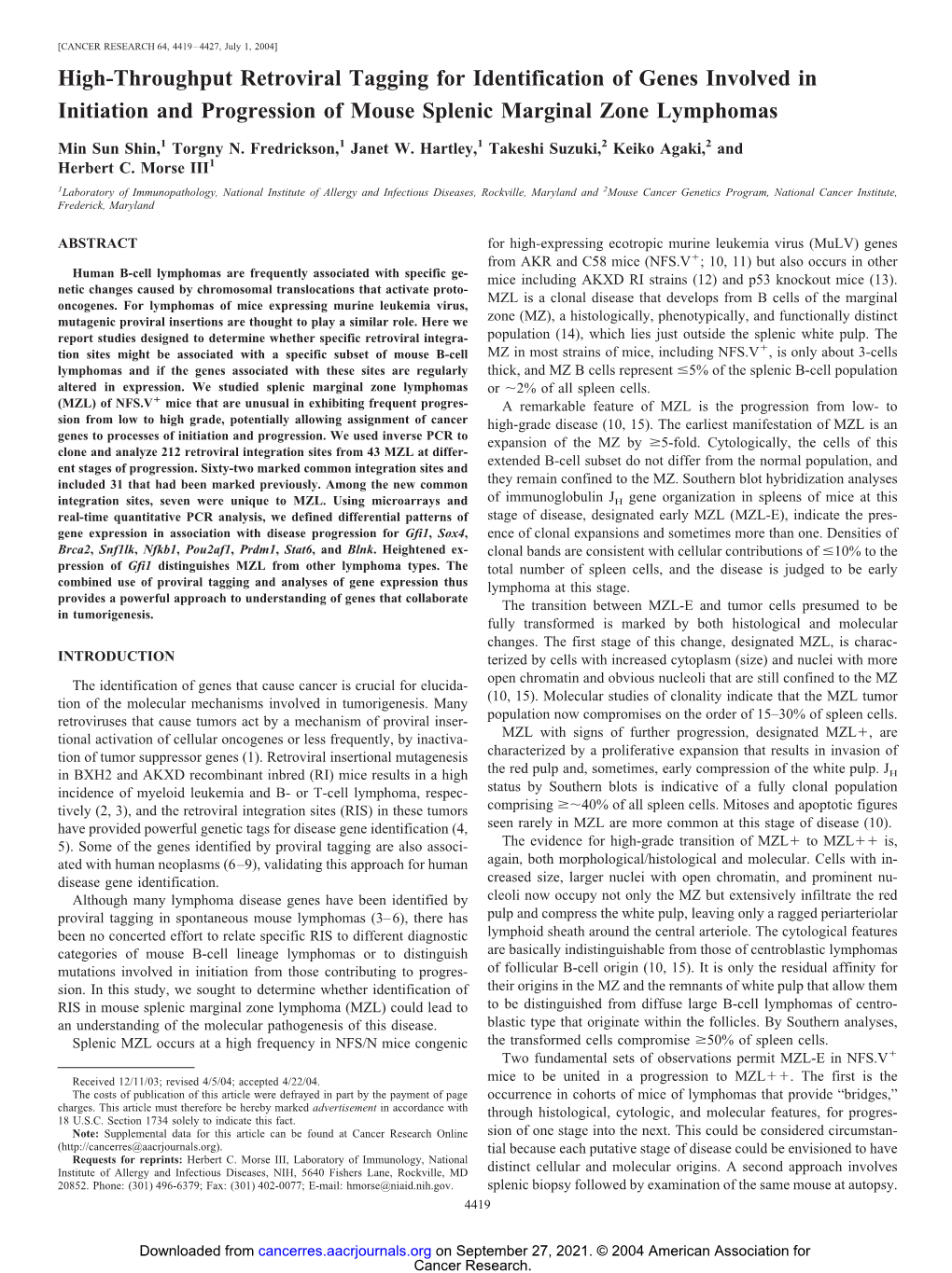 High-Throughput Retroviral Tagging for Identification of Genes Involved in Initiation and Progression of Mouse Splenic Marginal Zone Lymphomas