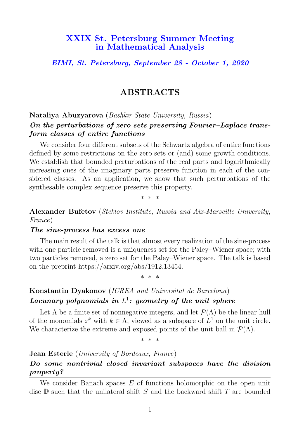 XXIX St. Petersburg Summer Meeting in Mathematical Analysis