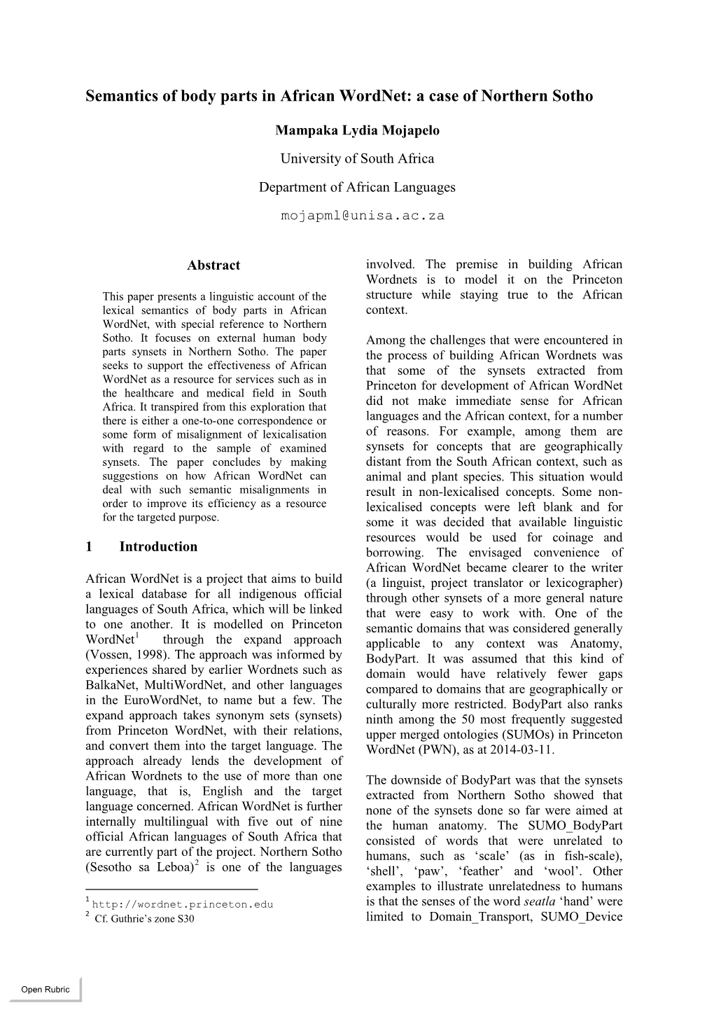 Semantics of Body Parts in African Wordnet: a Case of Northern Sotho