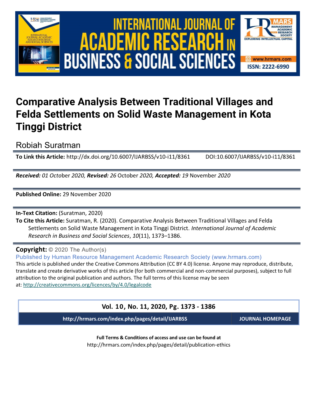 Comparative Analysis Between Traditional Villages and Felda Settlements on Solid Waste Management in Kota Tinggi District