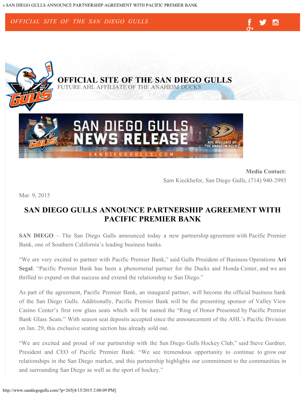 San Diego Gulls Announce Partnership Agreement with Pacific Premier Bank