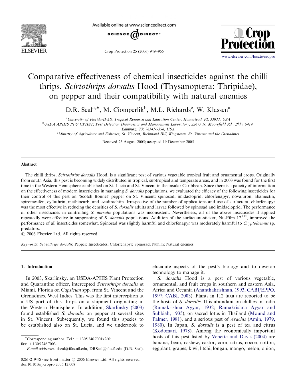 Comparative Effectiveness of Chemical Insecticides Against the Chilli Thrips