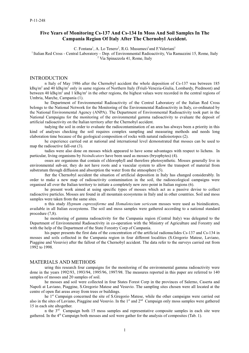 Five Years of Monitoring Cs-137 and Cs-134 in Moss and Soil Samples in the Campania Region of Italy After the Chernobyl Accident