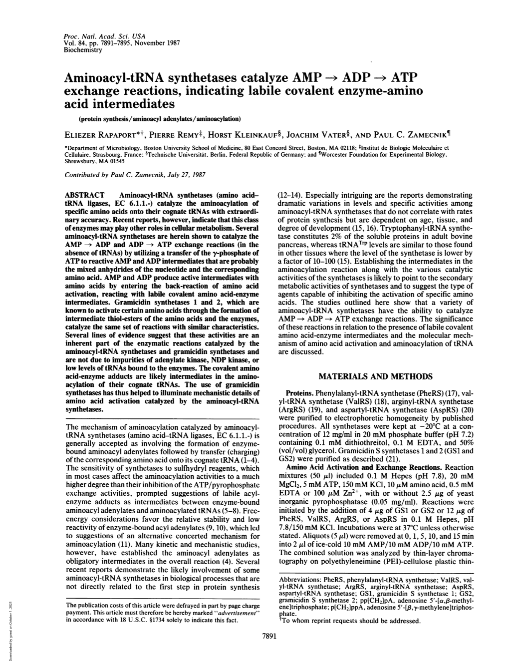 Aminoacyl-Trna Synthetases Catalyze AMP -* ADP