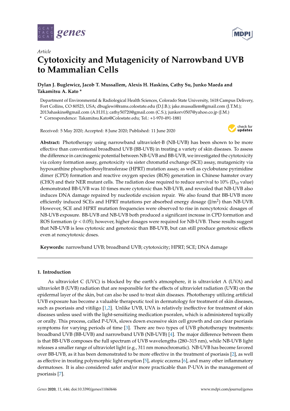 Cytotoxicity and Mutagenicity of Narrowband UVB to Mammalian Cells