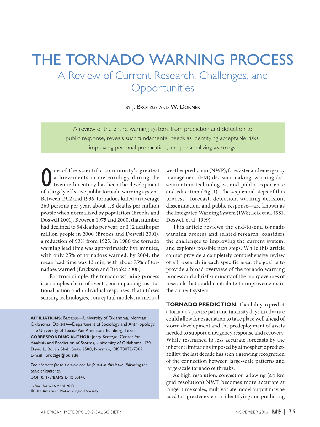 The Tornado Warning Process a Review of Current Research, Challenges, and Opportunities