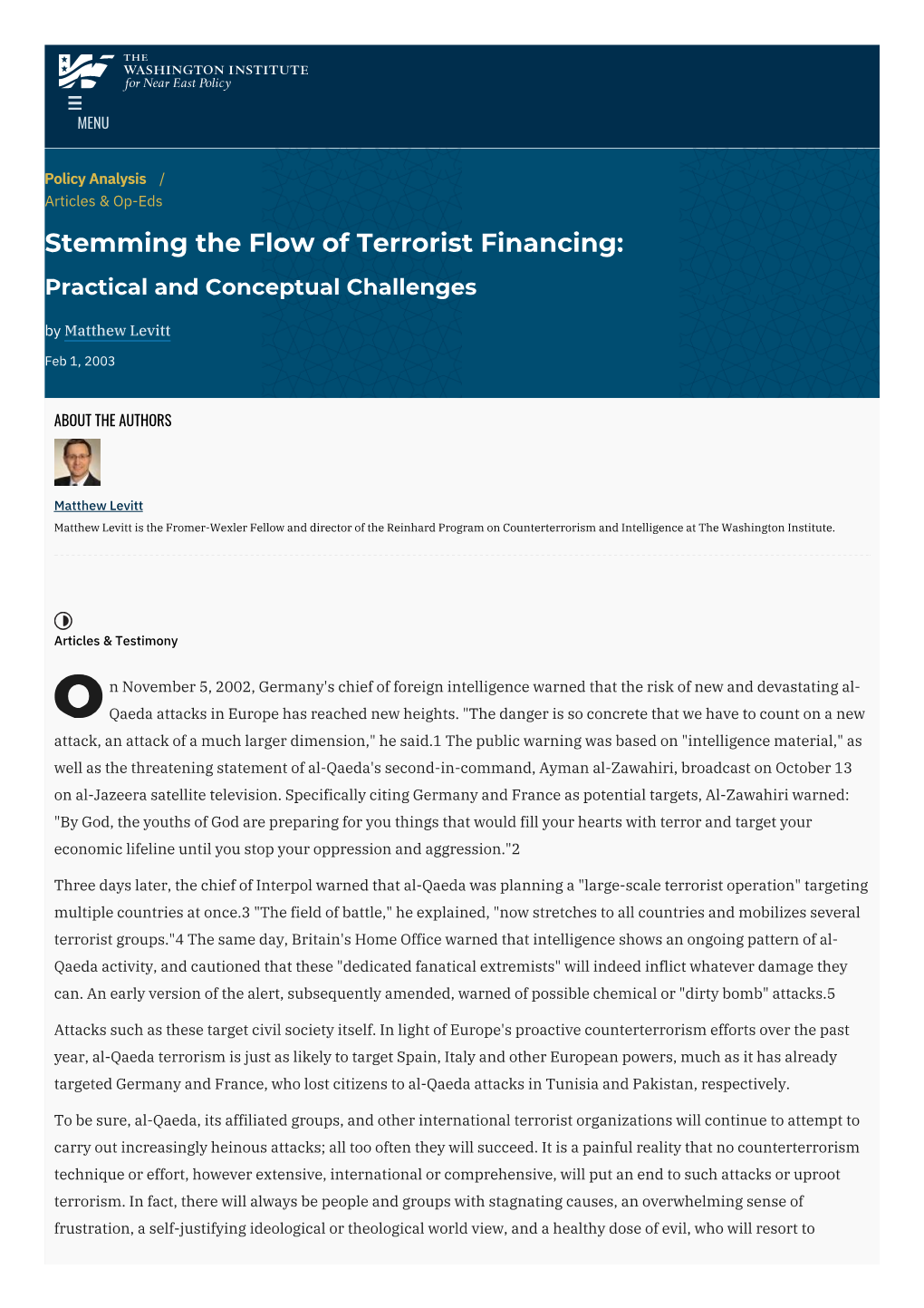 Stemming the Flow of Terrorist Financing: Practical and Conceptual Challenges by Matthew Levitt