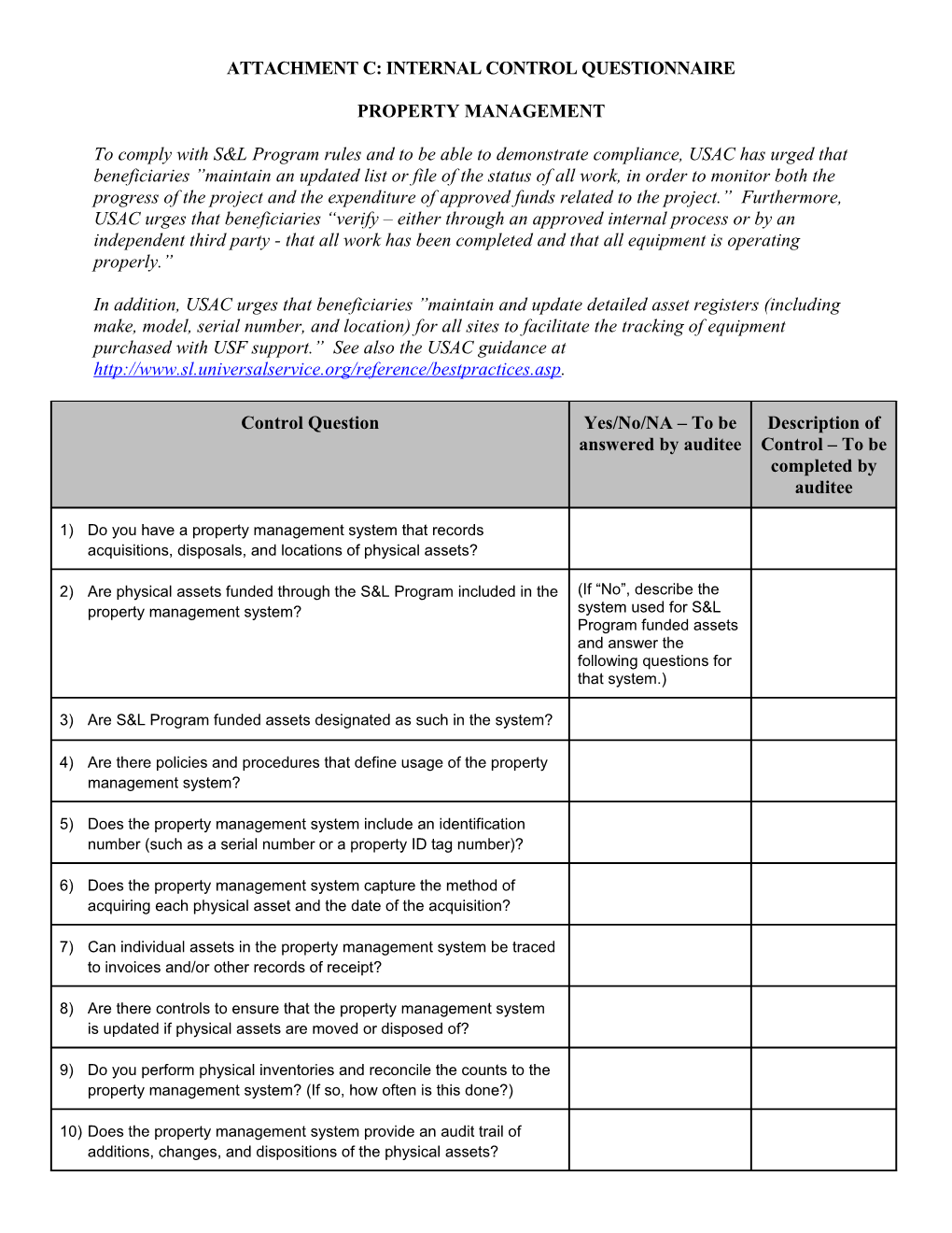 Internal Control Questionnaire