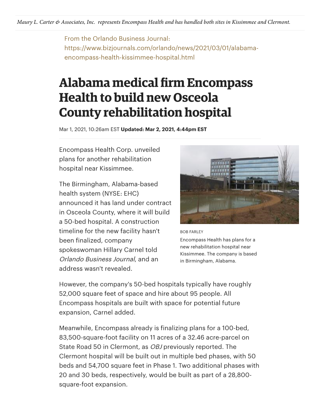 Alabama Medical Firm Encompass Health to Build New Osceola County
