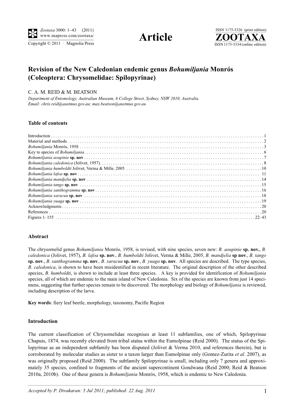 Revision of the New Caledonian Endemic Genus Bohumiljania Monrós (Coleoptera: Chrysomelidae: Spilopyrinae)
