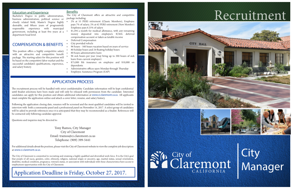 City Manager City of Claremont Email: Tramos@Ci.Claremont.Ca.Us Telephone: (909) 399-5441