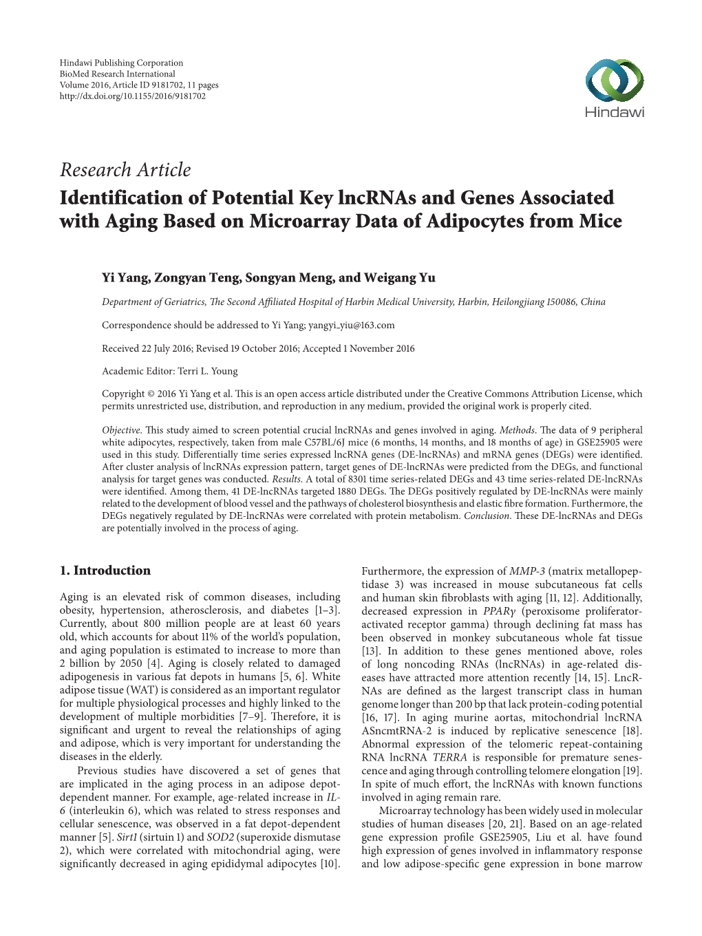 Identification of Potential Key Lncrnas and Genes Associated with Aging Based on Microarray Data of Adipocytes from Mice