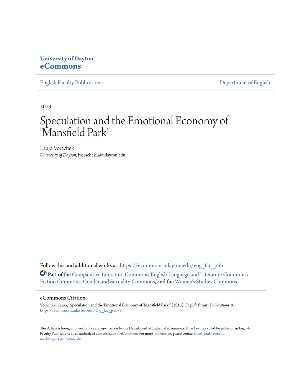 Speculation and the Emotional Economy of 'Mansfield Park'" (2013)