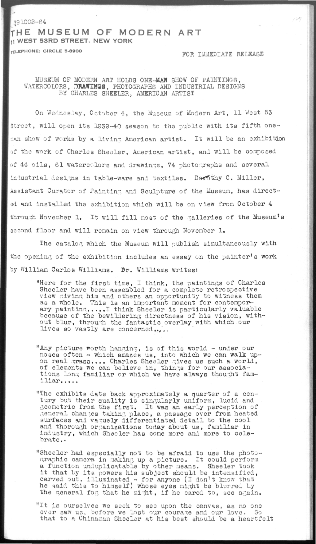 The Museum of Modern Art H West 53Rd Street, New York Telephone: Circle 5-8900 for Immediate Release