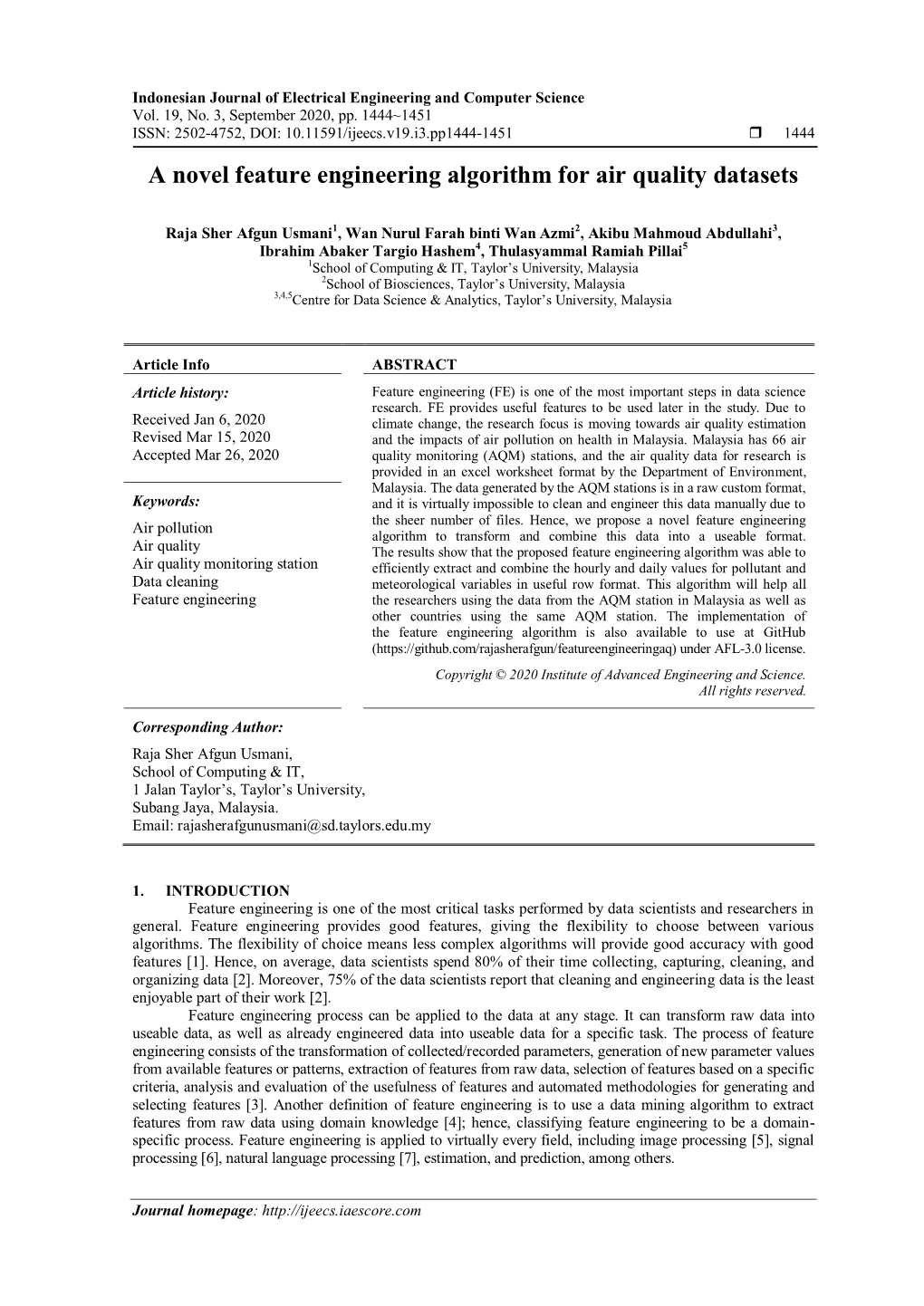 A Novel Feature Engineering Algorithm for Air Quality Datasets